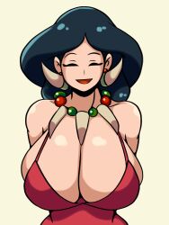  1girl :d bare_shoulders black_hair breasts cleavage closed_eyes collarbone creatures_(company) drasna_(pokemon) dress earrings evening_gown facing_viewer game_freak highres huge_breasts iggybomb jewelry long_hair mature_female necklace nintendo open_mouth parted_bangs pokemon pokemon_xy red_dress simple_background smile solo tooth_earrings tooth_necklace upper_body yellow_background  rating:Sensitive score:63 user:pc88