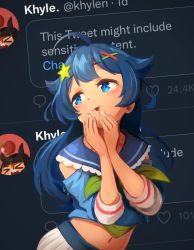  1girl absurdres ahoge blue_eyes blue_hair blue_neckerchief blue_shirt blush commentary english_commentary hair_ornament hands_on_own_face highres indie_virtual_youtuber khyle. leaning_to_the_side long_hair navel neckerchief senzawa shirt skirt smile solo star_(symbol) star_hair_ornament virtual_youtuber white_skirt 