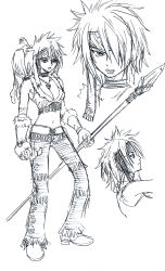 alternate_costume alternate_hairstyle bird breasts concept_art erza_scarlet fairy_tail hair_over_one_eye highres large_breasts mashima_hiro midriff monochrome polearm spear weapon rating:Sensitive score:5 user:jojosstand