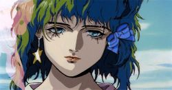  1980s_(style) 1girl android animated animated_gif earrings green_eyes green_hair jewelry lowres oldschool retro_artstyle ribbon robot robot_carnival solo umetsu_yasuomi 