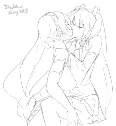 2girls armlet breasts commentary detached_sleeves eu03 closed_eyes female_focus greyscale hair_ornament hatsune_miku kiss large_breasts long_hair megurine_luka monochrome multiple_girls necktie sketch thighhighs twintails vocaloid yuri rating:Sensitive score:23 user:danbooru