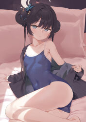 1girl absurdres ass barefoot black_hair blue_archive blue_one-piece_swimsuit blush braid braided_bun breasts butterfly_hair_ornament closed_mouth coat collarbone covered_navel double_bun grey_coat grey_eyes hair_bun hair_ornament halo highres kisaki_(blue_archive) long_hair long_sleeves looking_at_viewer on_bed one-piece_swimsuit pillow pinstripe_pattern school_swimsuit small_breasts solo striped striped_coat swimsuit twintails vertical-striped_coat yoyoshi_renga rating:Sensitive score:51 user:danbooru