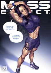 abs black_hair blue_eyes commission covered_erect_nipples english_text highres long_hair looking_at_viewer mass_effect_(series) mass_effect_1 midriff miranda_lawson muscular muscular_female phoebus_art shoes shorts signature sneakers stretching sweat
