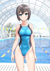  1girl absurdres aqua_one-piece_swimsuit black_hair blue_eyes breasts clothes_writing commentary_request competition_swimsuit contrapposto covered_navel cowboy_shot highleg highleg_swimsuit highres indoors lane_line medium_breasts one-piece_swimsuit original pool short_hair solo standing string_of_flags swimsuit takafumi tomboy two-tone_swimsuit variant_set 