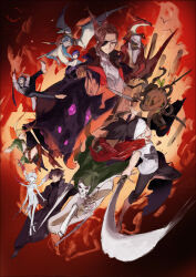 1other 4girls 6+boys alus_(ishura) armor barefoot black_hair blonde_hair bug cloak closed_mouth dakai_the_magpie dragon eyepatch glowing glowing_eyes green_eyes hairband helneten_the_burial highres higuare_the_pelagic holding holding_sword holding_weapon hood hooded_cloak ishura kia_(ishura) kureta_(nikogori) kuze_(ishura) long_hair mandrake multiple_boys multiple_girls nastique_the_quiet_singer nihilo_(ishura) official_art polearm purple_hair red_hair regnejee_the_wings_of_sunset shalk_the_sound_slicer shirt skeleton spear spider sword taren_the_guarded track_suit twintails weapon white_hair white_hairband wings wyvern yagyuu_soujirou