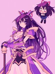  1990s_(style) 1girl armor armored_dress blue_skirt bow breasts chibi closed_mouth date_a_live excited gauntlets hair_bow highres large_breasts long_hair open_mouth pleated_skirt pochi_(askas_is_god) purple_armor purple_eyes purple_hair raizen_high_school_uniform retro_artstyle school_uniform shoulder_armor skirt v-shaped_eyebrows weapon yatogami_tooka 