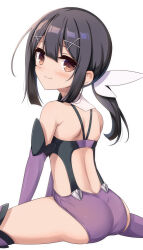  1girl ass back back_cutout bare_shoulders black_hair blush breasts brown_eyes closed_mouth clothing_cutout detached_sleeves fate/kaleid_liner_prisma_illya fate_(series) feather_hair_ornament feathers hair_ornament hairclip highres leotard long_hair looking_at_viewer looking_back miyu_edelfelt morokoshi_(tekku) purple_leotard purple_sleeves purple_thighhighs sidelocks small_breasts smile solo thighhighs thighs twintails  rating:Sensitive score:30 user:danbooru