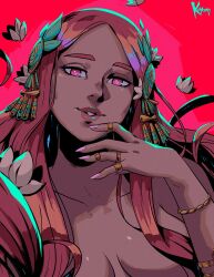  1girl aphrodite_(hades) bracelet breasts commentary english_commentary flower hades_(series) hades_1 hair_censor hair_ornament highres jewelry koyorin long_hair looking_at_viewer no_shirt nude parted_lips pink_eyebrows pink_eyes pink_hair pink_nails red_background red_lips ring solo 