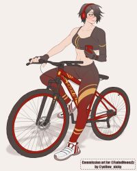  abs bicycle black_pants black_sports_bra cinder_fall commission fingerless_gloves gloves highres long_sleeves midriff navel pants red_eyes rwby scar scar_on_face single_sleeve sports_bra sweatpants tagme twitter_username white_footwear yellow_nicky 