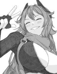  1girl blush breasts chaps cleavage closed_eyes cosawara crop_top cropped_jacket fingerless_gloves gloves goddess_of_victory:_nikke greyscale grin hair_between_eyes headgear highres horns jacket large_breasts leather leather_jacket long_hair mechanical_horns monochrome red_hood_(nikke) scarf smile solo unzipped very_long_hair w zipper 