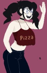  braces breasts choker crop_top highres large_breasts looking_at_another pixel_art pizza_thot self-upload smile thejduck thick_eyebrows thick_thighs thighs tips_(gats) twintails waving_arm 