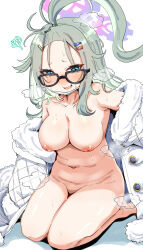 1girl ahoge black-framed_eyewear blue_archive blue_eyes blush breasts collarbone glasses grey_hair hair_ornament hairclip halo highres huge_ahoge jacket large_breasts looking_at_viewer machismo_fuji mask medium_breasts meru_(blue_archive) mouth_mask naked_jacket navel nipples nude off_shoulder open_clothes open_mouth simple_background sitting solo steam steaming_body stomach sweat white_background rating:Questionable score:58 user:danbooru