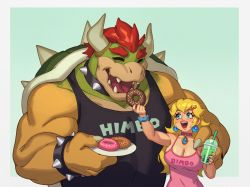  1boy 1girl bare_arms bare_shoulders blonde_hair blue_eyes blush border bowser bracelet breasts brooch bubble_tea choker cleavage collar couple cup curvy disposable_cup doughnut drinking_straw earrings feeding food giant giant_male gradient_background green_background hair_ornament hairclip happy hetero highres horns jewelry large_breasts long_hair looking_at_another mario_(series) medium_breasts meme muscular muscular_male nintendo outside_border pink_shirt plate princess_peach red_choker red_hair riz shirt size_difference smile sphere_earrings spiked_bracelet spiked_collar spikes super_mario_bros._1 tank_top teeth truth upper_body white_border  rating:General score:87 user:DarkToonLink