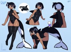  1girl 1other absurdres black_footwear black_hair black_one-piece_swimsuit blue_background boots breasts cetacean_tail character_name collared_one-piece_swimsuit commentary covered_navel crim_(crim7x) dark-skinned_female dark_skin english_commentary fins fish_tail from_behind full_body hands_on_own_knees highres leaning_forward looking_at_viewer multiple_views one-piece_swimsuit orca original side_ponytail swimsuit tail thigh_boots thighs whale_girl 