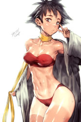 1girl absurdres armpits bandaid bandaid_on_face bandaid_on_nose black_hair bra breasts cameltoe capcom cleavage covered_erect_nipples dougi highres looking_at_viewer makoto_(street_fighter) medium_breasts navel panties red_bra red_panties saejin_oh scarf short_hair simple_background solo sports_bra stomach street_fighter street_fighter_iii_(series) sweat tan tanline toned underwear undressing v rating:Sensitive score:123 user:danbooru