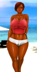  abs beach breasts brown_hair cameltoe chinbotsu curvy dark_skin dead_or_alive covered_erect_nipples hand_on_own_hip hip_focus lipstick lisa_hamilton makeup short_hair short_shorts shorts tecmo wide_hips  rating:Questionable score:61 user:joaquimol