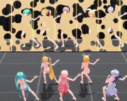  3d 5girls ahoge akita_neru animated aqua_eyes aqua_hair arm_tattoo ass audible_music back barefoot bikini black_bikini blonde_hair blue_bikini blush breasts bubble_filter completely_nude covering_ass covering_breasts covering_crotch covering_privates dancing embarrassed feet female_focus from_above from_behind full_body hair_ornament hair_ribbon hairclip hand_on_own_hip hatsune_miku humiliation kagamine_rin long_hair looking_at_viewer megurine_luka mikumikudance_(medium) multiple_girls music navel nude number_tattoo one_eye_closed pink_bikini pink_hair red_bikini red_eyes ribbon short_hair side-tie_bikini_bottom side_ponytail small_breasts sound stage standing striped_bikini striped_clothes swimsuit tattoo toes twintails uep20 unworn_bikini unworn_clothes very_long_hair video viewfinder vocaloid white_hair white_ribbon yellow_bikini yowane_haku 