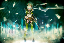  1girl clothes_pull gun pulling_own_clothes saka_(missile-cannon) shorts sinon sword_art_online tagme weapon 