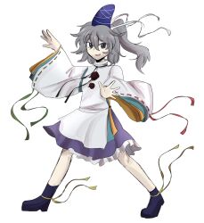 1girl absurdres black_footwear blue_hat commentary crowswhispers english_commentary full_body grey_eyes grey_hair hat highres looking_at_viewer medium_hair mononobe_no_futo ribbon-trimmed_sleeves ribbon_trim simple_background solo tate_eboshi ten_desires touhou white_background wide_sleeves