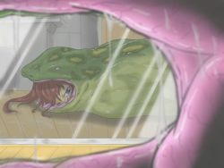  1girl blue_eyes brown_hair crying eating female_focus inside_creature kaname_(artist) looking_at_viewer mirror predator_and_prey saliva snake swallowing tears vore wince  rating:Questionable score:73 user:Seelenmord
