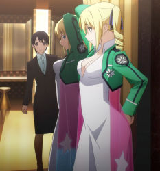  2girls absurdres angelina_kudou_shields blonde_hair blue_eyes breasts business_suit cleavage drill_hair formal highres large_breasts long_hair mahouka_koukou_no_rettousei mirror multiple_girls ribbon screencap short_hair stitched suit sylvia_mercury_first third-party_edit uniform  rating:Sensitive score:46 user:hmeister