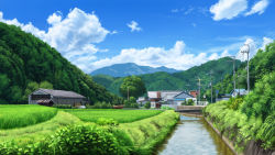 blue_sky bridge building cloud commentary_request day grass highres house mountain nature no_humans original outdoors power_lines prachinabana river road_sign rural scenery sign sky summer utility_pole water rating:General score:1 user:danbooru