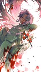  1boy blood blood_on_face bloody_wings chinese_commentary closed_mouth commentary_request cross eyes_visible_through_hair feathered_wings floating_hair flower halo hatsutori_hajime highres iynyta long_hair long_sleeves male_focus multiple_wings parted_bangs pink_hair red_eyes red_flower red_rose rose saibou_shinkyoku shirt solo white_shirt white_wings wings 