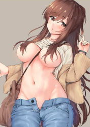  1girl b-ginga bag beige_sweater blush breasts breasts_out brown_eyes brown_hair cardigan clothes_lift convenient_censoring denim gluteal_fold grey_background groin hair_over_breasts jeans large_breasts long_hair long_sleeves looking_at_viewer navel no_bra no_panties open_cardigan open_clothes open_fly open_mouth original pants ponytail shirt shirt_lift shoulder_bag sidelocks simple_background solo stomach swept_bangs white_shirt wristband  rating:Questionable score:67 user:TDogarooski