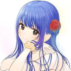  1girl a_sore_pon_desu! bare_arms bare_shoulders blue_hair brown_scrunchie closed_mouth dress flower hair_flower hair_ornament hands_up highres kentaurosu long_hair looking_at_viewer own_hands_together red_flower scrunchie simple_background smile solo strapless strapless_dress toukura_shiori upper_body white_background white_dress wrist_scrunchie 
