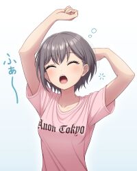  1girl ^_^ absurdres arms_up bang_dream! bang_dream!_it&#039;s_mygo!!!!! blue_background blush breasts closed_eyes collarbone commentary_request gradient_background grey_hair highres medium_breasts open_mouth pink_shirt shirt short_hair short_sleeves solo squeans stretching takamatsu_tomori teeth temple_o_dragon upper_teeth_only 