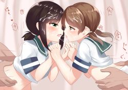 10s 2boys 2girls absurdres bisexual_female black_hair blush brown_eyes brown_hair clothes_lift cum cum_on_body cum_on_hair cum_on_upper_body eye_contact facial fubuki_(kancolle) green_eyes group_sex heart highres holding_hands implied_sex interlocked_fingers kantai_collection long_hair looking_at_another low_ponytail low_twintails multiple_boys multiple_girls nebusoku open_mouth orgy out-of-frame_censoring ponytail saliva saliva_trail school_uniform serafuku sex shirayuki_(kancolle) shirt_lift short_hair short_ponytail short_sleeves text_focus tongue tongue_out twintails rating:Explicit score:111 user:danbooru