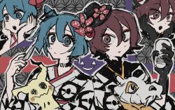 2girls absurdres black_gloves black_hat blue_eyes blue_hair brown_eyes brown_hair closed_mouth creatures_(company) cubone cup flower game_freak gen_1_pokemon gen_7_pokemon gloves hair_flower hair_ornament hand_up hat hat_flower hatsune_miku highres holding holding_cup holding_knife japanese_clothes kimono knife meiko_(vocaloid) mimikyu multiple_girls nintendo parted_lips pokemon project_voltage seriyaki110 short_hair vocaloid white_kimono 