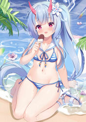 1girl :d absurdres arm_support barefoot beach bikini blue_archive blue_hair blush breasts chise_(blue_archive) chise_(swimsuit)_(blue_archive) cleavage commentary_request feet fengshen_chino flower food groin hair_between_eyes hair_flower hair_ornament halo highres holding holding_food holding_popsicle horns legs long_hair looking_at_viewer nail_polish navel ocean official_alternate_costume official_alternate_hairstyle oni_horns open_mouth outdoors popsicle purple_eyes sailor_collar sandals shallow_water side_ponytail sidelocks sitting sleeveless small_breasts smile solo stomach striped_bikini striped_clothes swimsuit toenail_polish toenails toes wariza water rating:Sensitive score:17 user:danbooru