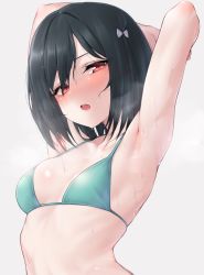 1girl :o absurdres aqua_bikini arched_back armpit_crease armpits arms_behind_head arms_up bare_arms bare_shoulders bikini black_hair blurry blush bow breasts collarbone commentary_request depth_of_field fang grey_background hair_between_eyes hair_bow half-closed_eyes halterneck highres looking_at_viewer love_live! love_live!_nijigasaki_high_school_idol_club medium_breasts mifune_shioriko nasuno_(nasuno42) nose_blush open_mouth red_eyes short_hair simple_background solo steaming_body string_bikini sweat swimsuit teeth upper_body upper_teeth_only wet wet_hair white_bow rating:Sensitive score:144 user:danbooru