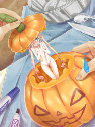  1girl aqua_eyes blush breasts censored convenient_censoring cross-angel halloween highres hika_(cross-angel) jack-o&#039;-lantern knife long_hair looking_at_viewer mini_person minigirl navel nipples nude original pink_hair pointy_ears pov pumpkin pussy small_breasts solo_focus spoon sweatdrop swimsuit thigh_gap thighs twintails very_long_hair  rating:Explicit score:27 user:danbooru