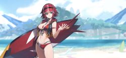  1girl alternate_costume beach bikini breasts code_geass code_geass:_genesic_re;code highres hood hoodie jewelry kouzuki_kallen large_breasts nail_polish necklace official_alternate_costume official_art red_hair red_nails shiny_clothes shiny_skin sleeveless surfboard swimsuit visor_cap whoopin wide_hips  rating:Sensitive score:28 user:mooks