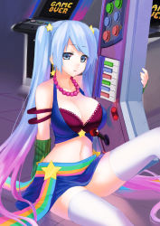 arcade arcade_sona blue_eyes blue_hair bra breasts jewelry keyboard league_of_legends sona_(league_of_legends) thighhighs underwear  rating:Questionable score:38 user:Porndax