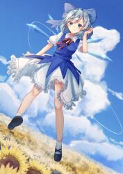  1girl blue_sky bo_cota cirno cloud cloudy_sky day flower flying garden_of_the_sun highres light light_smile looking_at_viewer outdoors scenery sky solo sunflower touhou 