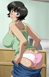  1girl angry ass bare_shoulders blue_eyes blue_skirt blush breasts brown_hair camisole clothes_pull cowboy_shot embarrassed frills from_behind green_shirt huge_breasts indoors looking_at_viewer looking_back major makino_tomoyasu miniskirt panties parted_lips pink_panties shimizu_kaoru shirt short_hair skirt skirt_pull solo standing trefoil underwear undressing wavy_mouth  rating:Questionable score:60 user:danbooru