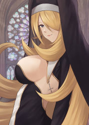  1girl absurdres alternate_costume blonde_hair breasts church closed_mouth creatures_(company) cynthia_(pokemon) from_side game_freak grey_eyes habit hair_over_one_eye highres large_breasts long_hair looking_at_viewer looking_to_the_side mihiro_(mitumitu3232ish) nintendo nun pokemon pokemon_dppt red_lips sideboob solo upper_body very_long_hair  rating:Sensitive score:34 user:danbooru
