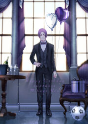  1boy ball balloon blue_lock chair character_name closed_eyes cup curtains dated drinking_glass floor full_body gift glass_bottle grin heart_balloon highres holding holding_balloon indoors male_focus mikage_reo purple_curtains purple_hair reflection shioritaweb short_hair smile soccer_ball solo sparkle standing table teeth window_shadow wooden_table 