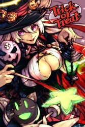  1girl alternate_costume arc_system_works black_hat blurry bodysuit bodysuit_under_clothes bokeh cleavage_cutout clothing_cutout spiked_halo depth_of_field diffraction_spikes english_text from_above glowing grey_background guilty_gear guilty_gear_xrd hair_between_eyes halo hat hungry_clicker jack-o&#039;-lantern jack-o&#039;_valentine kemonomimi_mode lantern light_trail long_hair mask minion_(guilty_gear) multicolored_hair pink_eyes red_hair trick_or_treat two-tone_hair unworn_mask very_long_hair white_hair witch_hat  rating:Sensitive score:14 user:danbooru