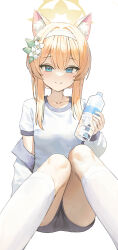  1girl absurdres animal_ear_fluff animal_ears black_shorts blue_archive blue_eyes blush bottle cat_ears closed_mouth damcheong gym_shirt gym_uniform halo highres holding holding_bottle long_hair long_sleeves looking_at_viewer mari_(blue_archive) mari_(track)_(blue_archive) official_alternate_costume orange_hair shirt short_sleeves shorts simple_background smile socks solo water_bottle white_background white_shirt white_socks yellow_halo 