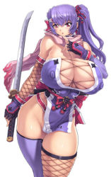  1girl breasts cleavage cleft_of_venus covered_erect_nipples female_focus fishnets hip_focus huge_breasts katana kunoichi laceups large_breasts lowres mogudan ninja pink_eyes purple_hair simple_background solo standing sword thighhighs weapon white_background wide_hips  rating:Explicit score:104 user:ashes11