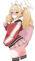 1girl absurdres ahoge ass bag black_thighhighs blonde_hair blue_archive blush brown_eyes closed_mouth commentary hair_ribbon hand_in_pocket highres jacket long_hair long_sleeves looking_at_viewer miniskirt nose ocha_(popopogg) panties pantyshot pink_skirt pleated_skirt ribbon shoulder_bag simple_background skindentation skirt solo thighhighs track_jacket twintails underwear white_background white_panties yoshimi_(blue_archive) rating:Sensitive score:78 user:danbooru