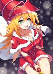  1girl :d alternate_costume asada_yo blonde_hair blush_stickers breasts capelet christmas cleavage collarbone commentary dark_magician_girl dress duel_monster green_eyes hair_between_eyes hat highres holding holding_sack long_hair looking_at_viewer open_mouth red_capelet red_dress red_footwear red_hat sack santa_dress smile snowing solo staff staff_riding teeth upper_teeth_only wizard_hat yu-gi-oh! 