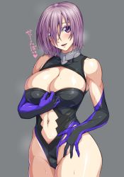 1girl bare_shoulders black_leotard blush breasts cleavage clothing_cutout cowboy_shot fate/grand_order fate_(series) gloves grey_background hair_over_one_eye hand_under_clothes heart highleg highleg_leotard highres large_breasts legs_together leotard looking_at_viewer mash_kyrielight navel navel_cutout open_mouth ozaneko purple_eyes purple_gloves purple_hair shiny_clothes shiny_skin short_hair simple_background solo standing sweat text_focus thighs translated rating:Sensitive score:13 user:danbooru