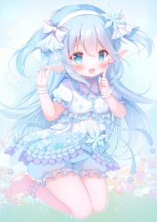  1girl :d barefoot bloomers blue_eyes blue_hair blue_ribbon blush dress fairy fairy_wings fang hair_ornament hairband hanasakichu highres long_hair looking_at_viewer open_mouth original pointy_ears ribbon smile snowflake_hair_ornament snowflakes solo transparent_wings underwear wings 