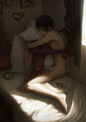  1boy absurdres bags_under_eyes bed black_hair body_pillow bottle cellphone cigarette cigarette_pack completely_nude crack cracked_wall curtains dakimakura_(object) dark earphones heart highres hugging_object jacket kazuko_(towa) light_rays lonely male_focus nude original phone pillow pillow_hug red_jacket sad smartphone solo sunbeam sunlight valentine 