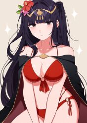  1girl bikini black_cape black_eyes black_hair blunt_bangs blush breasts cape circlet cleavage collarbone fire_emblem fire_emblem_awakening fire_emblem_heroes flower gmais2514 gold_trim grey_background hair_flower hair_ornament highres large_breasts long_hair looking_at_viewer nintendo official_alternate_costume pink_flower red_bikini red_cape red_flower simple_background solo swimsuit tharja_(fire_emblem) tharja_(summer)_(fire_emblem) two-tone_cape two_side_up 